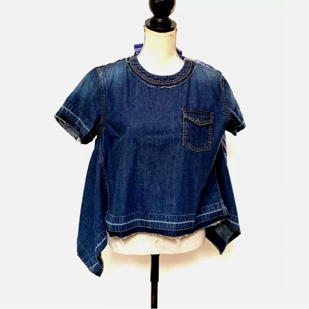 SACAI Denim Cotton Asymmetrical Short Sleeve Top Size 1